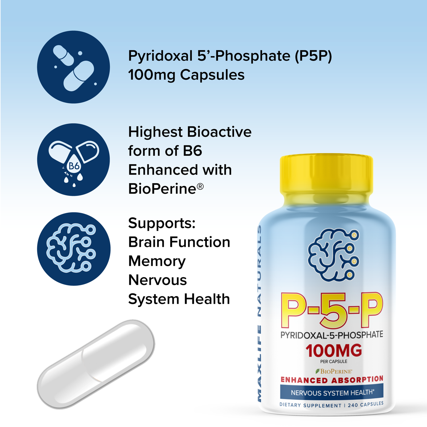P5P 100mg – 240 Capsules | High-Potency Vitamin B6 (Pyridoxal-5-Phosphate) for Energy, Brain & Nerve Health