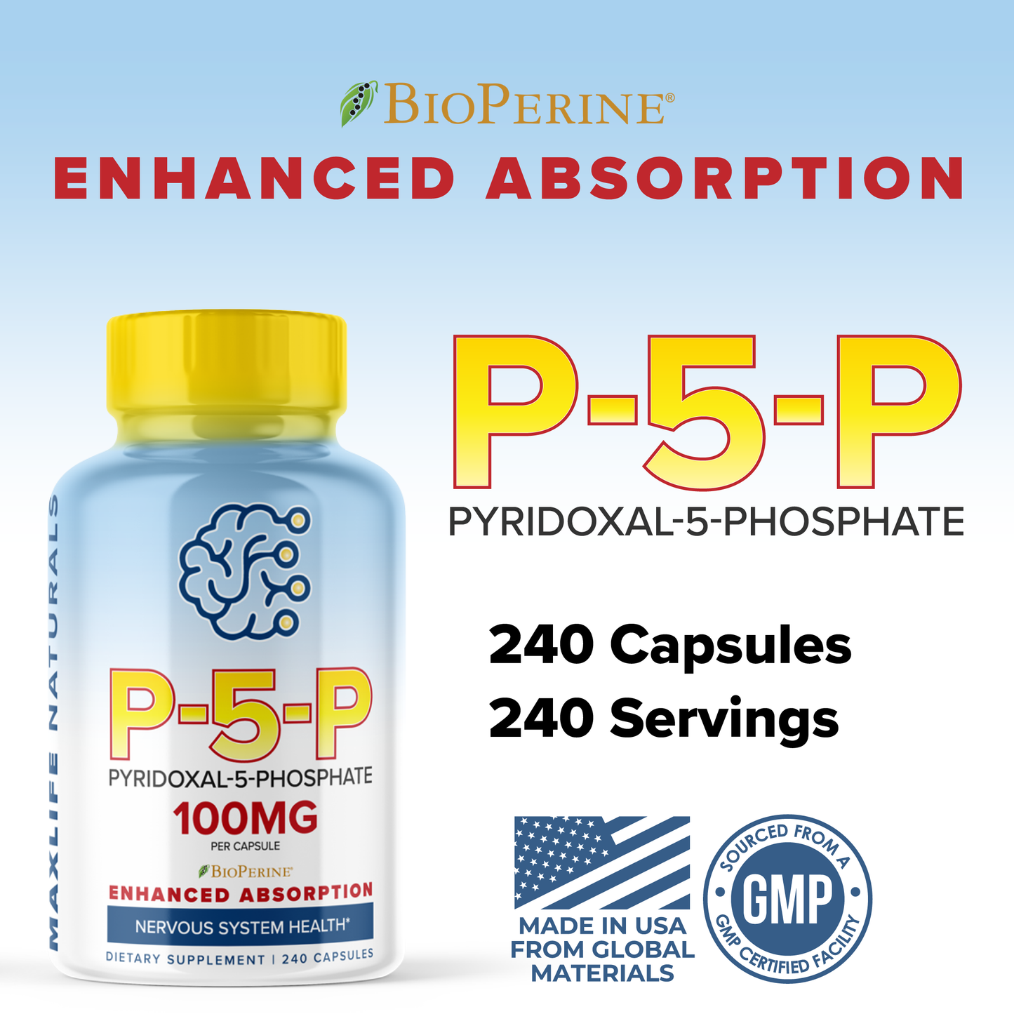 P5P 100mg – 240 Capsules | High-Potency Vitamin B6 (Pyridoxal-5-Phosphate) for Energy, Brain & Nerve Health