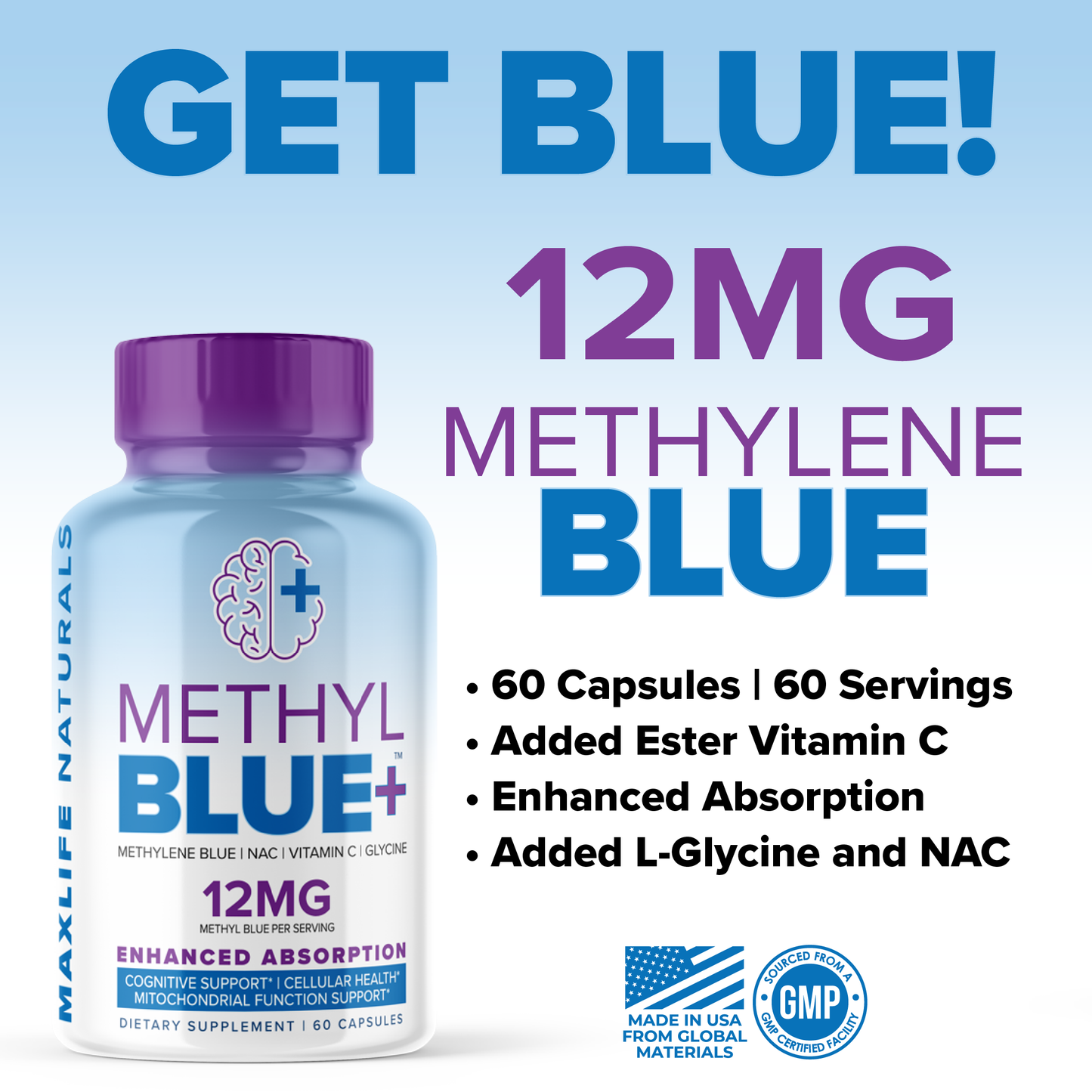 Methyl Blue+ - Methylene Blue Pharma Grade 12mg (USP Grade) with Enhanced Absorption Vitamin C Ester for Enhanced Antioxidant Activity