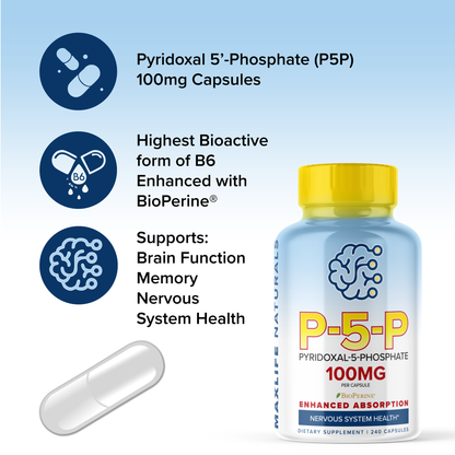 P5P 100mg – 240 Capsules | High-Potency Vitamin B6 (Pyridoxal-5-Phosphate) for Energy, Brain & Nerve Health